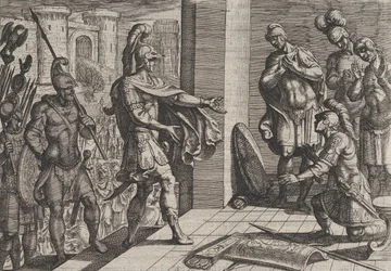 Plate 26: Cerialis benåder og avlaster romerske soldater som hadde hjulpet Civilis, fra The Wa..., 1611.