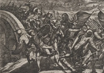 Plate 27: Nederlenderne under et overraskelsesangrep av den romerske leiren ved Mosel, fra The Wa..., 1611.