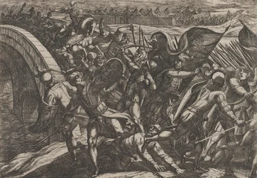 Plate 27: Nederlenderne under et overraskelsesangrep av den romerske leiren ved Mosel, fra The Wa..., 1611.