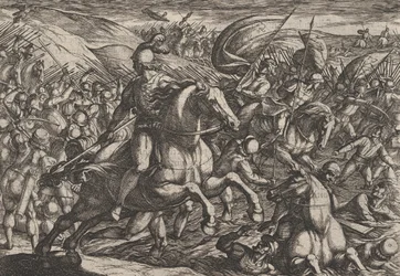 Plate 30: Cerialis driver nederlenderne inn i Rhinen, fra The War of the Romans Against th..., 1611.