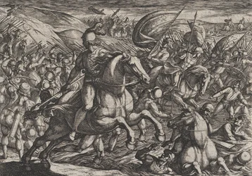 Plate 30: Cerialis driver nederlenderne inn i Rhinen, fra The War of the Romans Against th..., 1611.