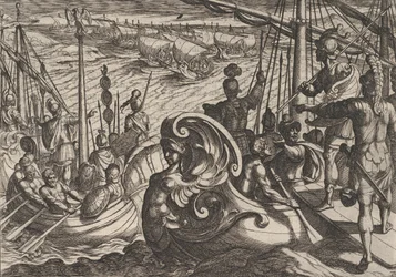 Plate 33: Nederlandske og romerske flottiller på Rhinen, fra The War of the Romans Against the B..., 1611.