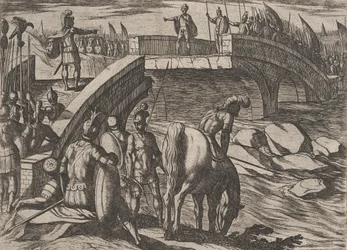 Plate 36: Civilis og Cerialis møtes på en ødelagt bro for å komme til enighet, fra The War of..., 1611.