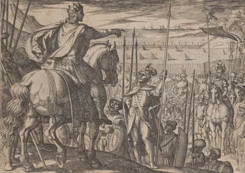 Plate 3: Alexander instruerer sine soldater, fra The Deeds of Alexander the Great, 1608.