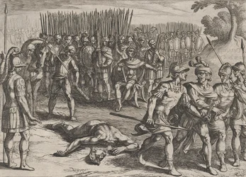 Plate 3: Claudius Civilis arrestert og hans bror Paulus halshugget, fra The War of the Ro..., 1611.