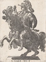 Plate 4: Keiser Gaius til hest, fra 'De første tolv romerske keiser', 1596.