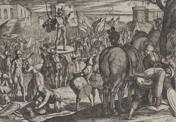 Tavle 5: Bruno utnevnes til leder for caninefatene, fra Romernes krig mot..., 1611.