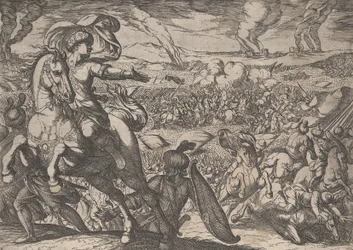 Plate 6: Darius flykter fra slagmarken, fra The Deeds of Alexander the Great, 1608.