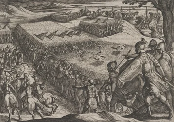Plate 6: Romerne beseiret nær Rhinen, fra The War of the Romans Against the Batavians ..., 1611.