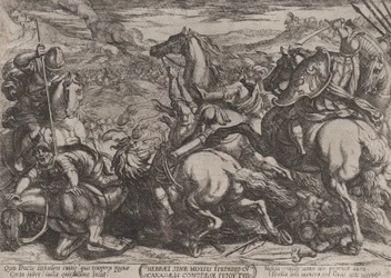 Plate 6: Israelittene beseiret av kanaaneerne for å ha vært ulydig mot Moses..., ca. 1590-ca. 1610.