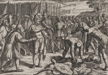 Plate 7: Tyske utsendinger besøker Civilis, fra The War of the Romans Against the Batavians Ro..., 1611.