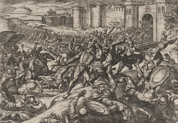 Plate 9: Romerne beseiret av de nederlandske troppene ved Bonna, fra The War of the Romans Agai..., 1611.