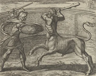 Theseus and the Minotaur Minotaurum Theseus vincit, fra The Metamorphos..., publisert etter 1606.