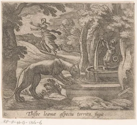 Thisbe vlucht voor the leeuwin av bron Dette er aspektet ved territoriumfugten (tittel på objekt) Metamorfose og transformasjon (serietittel) The Metamorphoses of Ovid (serietittel)