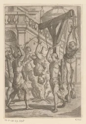 Brennende henger opp ned og slår Tortur påført av kristne martyrer (serietittel) Varia tormentorum et supplicioru crudelium (...) (serietittel)