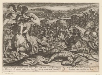 Sauls selvmord etter hans nederlag mot filisterne. Saul post cladem et necem fillor sibl morte conscivit (tittel på objektet). Kampscener fra Det gamle testamentet (serietittel)