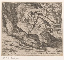 Thisbes selvmord - Thijsbe Pyrami exemplum aemulata pectus sibi transuerberat (tittel på objektet) - Metamorphoseon sive transformationum (serietittel) - Ovids Metamorfoser (serietittel)