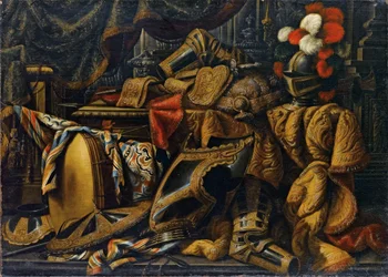 Rustning, hjelm, skjold, sverd (olje på lerret)