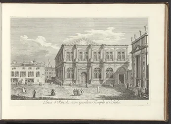Utsikt over Campo San Rocco te Venetië Området til S. Rocchi med samme tempel og skole (tittel på objekt) Gezichten op bugemenen en pleinen in Venetië (serietittel) Den mer kjente utsikten over byen Venezia, fra Antoniuskanalens 38 paneler, gravert i messi