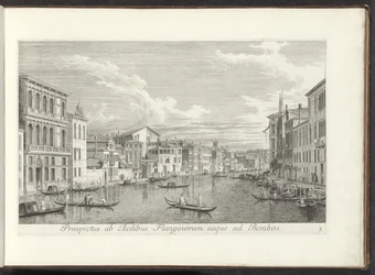 Se på Canal Grande og Palazzo Flangini i Venezia Utsikt fra husene til Flanginos til Bembos (tittel på objekt) Den mest kjente utsikten over byen Venezia, fra Antoniuskanalens 38 paneler, trykt i messing av Antonio Visentini, i tre deler