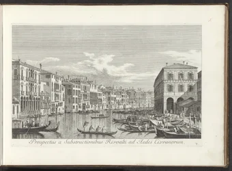 Utsikt over Canal Grande te Venetië Utsikt fra Rivoalti Substructures til Aedes Civranorum (tittel på objekt) Den mest kjente utsikten over byen Venezia, fra Antoniuskanalens 38 paneler, trykt på messing av Antonio Visentini, delt inn i tre deler. s