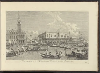 Se på Canal Grande te Venetië med Bucintoro van de doge Bucentaurus og Nundinae Venetae på himmelfartsdagen (tittel på objekt) Den mest kjente utsikten over byen Venezia, fra Antoniuskanalens 38 paneler, trykt på lufta av Antonio Visentini