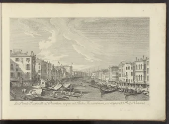 Vis fra Rialtobrug på Canal Grande i Venetië Fra Ponte Rivoalti til øst, til Aedes Foscarorum, som tilsvarer Ripa Vinaria (tittel på objekt) Den mest kjente utsikten over byen Venezia, fra Antoniuskanalens 38 paneler, trykt i messing av A