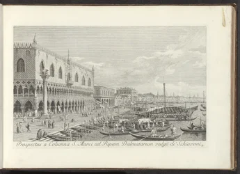 Hoek van het San Marcoplein met het Dogepaleis en de zuil met de Leeuw van Venetië Prospectus a Columna S. Marci ad Ripam Dalmatarum vulgò de