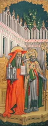 St. Jerome og St. Gregory, venstre panel fra The Virgin Enthroned with Saints Jerome, Gregory, Ambrose and Augustine, 1446 (etter restaurering) (se 160893-99)