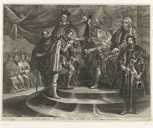 Troonsafsand van Karel V; intocht van Ferdinand te Gent i 1635 (blad 25) Charles fratok seg kongeriket og imperiet / Du vil nå bli nummer to etter ham / Filip II tar kongeriket fra sin far (tittel på objekt)