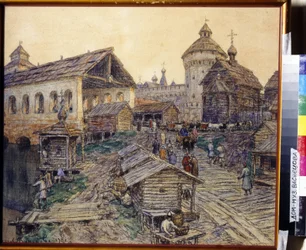 Oppstandelsesbroen i Moskva på 1600-tallet. Verk av Appolinari Mikhaylovich Vasnetsov (1856-1933), akvarell og pastell på papir