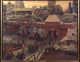 Moskva på 1600-tallet, Moskvoretsky-broen og vannporten - Maleri av Appolinari Mikhaylovich Vasnetsov (1856-1933), olje på lerret