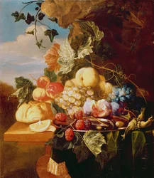 Stilleben med frukt og blomster