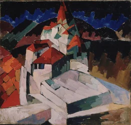 Kirke i Kislovodsk (Nord-Kaukasus, Russland) (Kirke i Kislovodsk). Kubistisk beskrivelse av den religiøse bygningen i et landskap. Maleri av Aristarkh Vasiliyevich Lentulov (Lentulov) (1882-1943), olje på lerret