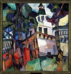 Porttårnet til det nye klosteret i Jerusalem (Israel). (Porttårnet, New Jerusalem Monastery). Maleri av Aristarkh Vasilyevich Lentulov (Lentulov) (1882-1943), olje på lerret