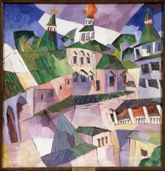 Kloster. Biskopens domstol i Det nye Jerusalem-klosteret i Russland. (Monastery. Bishop Courtyard in the New Jerusalem Monastery). Maleri av Aristarkh Vasilyevich Lentulov (Lentulov) (1882-1943), olje på lerret
