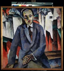 Portrett av regissøren Alexander Tairov (1885-1950) (Portrett av regissøren A. Tairov). Maleri av Aristarkh Vasilyevich Lentulov (Lentulov) (1882-1943), olje på lerret. Russisk kunst, avantgarde fra det 20. århundre. Statens russiske museum, St. Petersburg