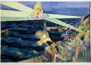 Et sjøslag. For å forsvare den befestede kysten skyter kanoner mot et slagskip som bryter fra hverandre under eksplosjoner. Arbeid av Aristarkh Vasilyevich Lentulov (Lentulov) (1882-1943), akvarell på papir
