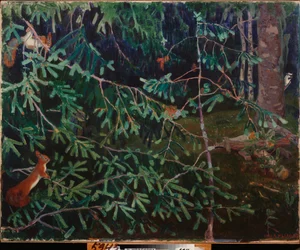 Innbyggerne i skogen. (Ekorn i grenene og en fugl som hakker i en stamme). Maleri av Arkadi (Arkady) Alexandrovich Rylov (1870-1939), olje på lerret