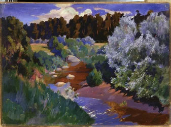 Landskap med en elv. Maleri av Arkadi (Arkady) Alexandrovich Rylov (1870-1939), olje på lerret. Russisk kunst, slutten av 1800-begynnelsen av det 20. århundre. Statens russiske museum, St. Petersburg.