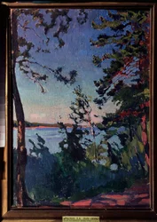 En park ved bredden av elven Neva. Maleri av Arkadi (Arkady) Alexandrovich Rylov (1870-1939), olje på lerret