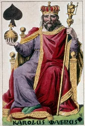 Representasjon av Karl den Store (Karl I kalte Karl den store 742-814). Detalj av et spillekort laget av Gustave Houbigant (1789-1862) Paris BN fra 1800-tallet