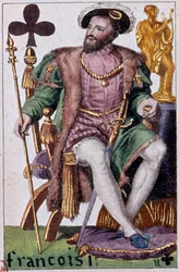 Representasjon av kong Francois I (1494-1547). Detalj av et spillekort laget av Gustave Houbigant (1789-1862) 1800-tallets Paris B.N.