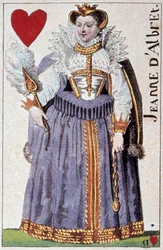 Representasjon av dronning Joan av Albret (Joan III av Navarre) (1528-1572) mor til Henrik IV (1553-1610). Detalj av et spillekort laget av Gustave Houbigant (1789-1862) Paris BN fra 1800-tallet