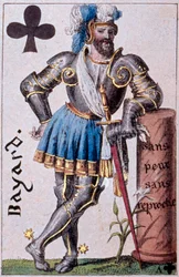 Representasjon av ridderen Pierre Terrail, Lord of Bayard (1476-1524). Detalj av et spillekort laget av Gustave Houbigant (1789-1862) 1800-tallets Paris B.N.