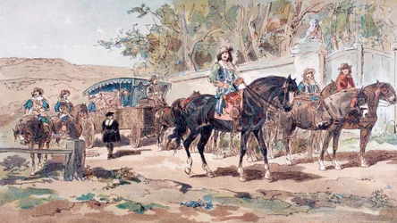 En hestetrukket offentlig diligence, eller trener, fra det 17. århundre med montert eskorte, 1886