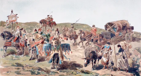 En vogn som reiser med eskorte i det 15. århundre, 1886