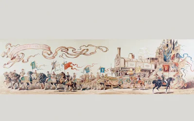 Bilde som feirer 50 år med det belgiske jernbanesystemet fra 1835 til 1885, 1886