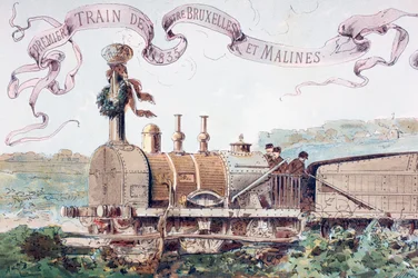 Bilde som feirer det første toget fra Brussel til Mechlin i 1835, 1886