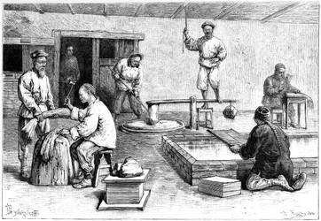 En papirfabrikk, Kina, 1895.